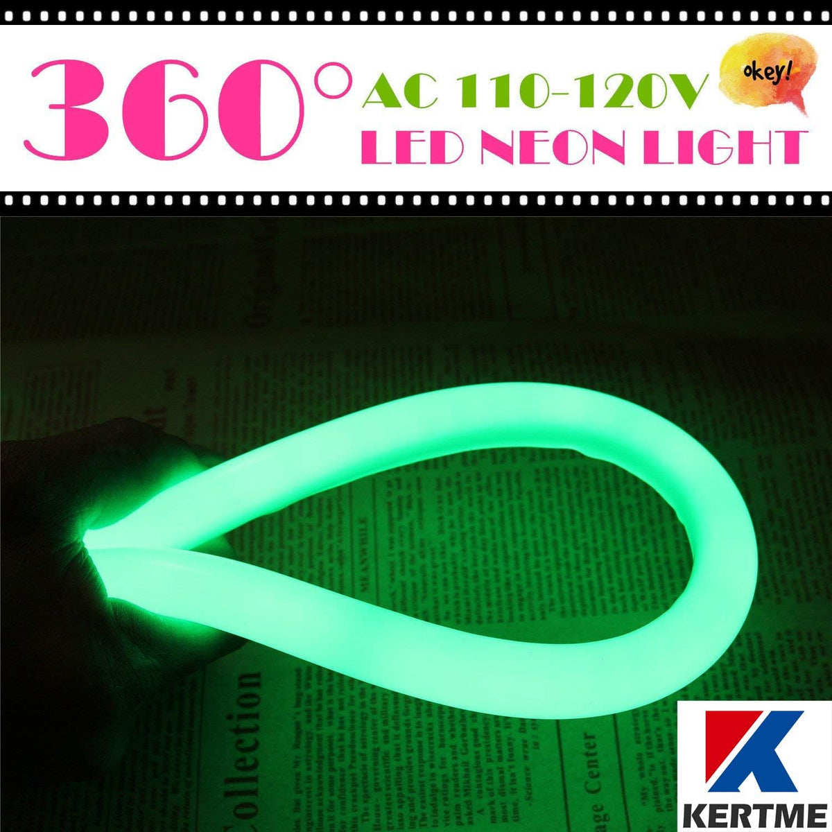 360° Neon Led Type AC 110-120V 360 Degree NEON LED Light Strip, Flexible/Waterproof/Dimmable/Multi-Modes LED Rope Light + Remote for Home/Garden/Building Decor (65.6ft/20m, Green)