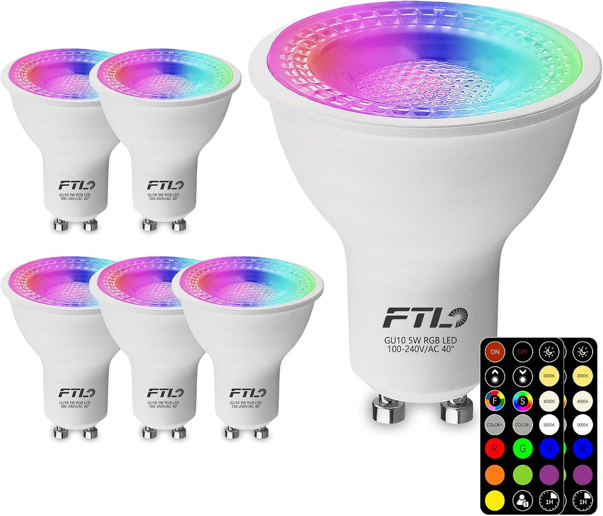 FTL GU10 LED Bulbs Color Changing Light Bulbs with Remote Control, Dimmable 2700K-6000K RGB Colored Light Bulbs 5W 40W Equivalent, 30 Colors, Timer, Spotlight for Track Lighting, 6-Pack