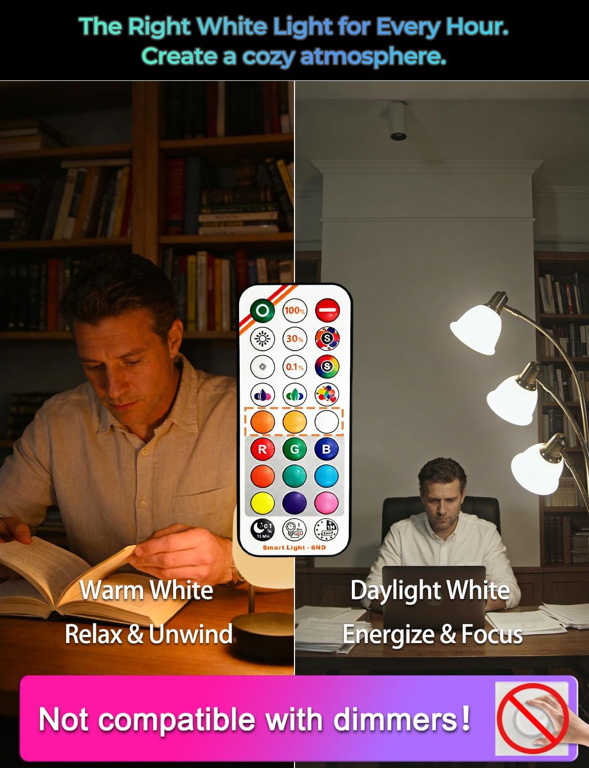 iLC A15 LED Color Changing Light Bulb, 5W (40W Equivalent), 500LM, 9 Colors 3CCT, E26 Base, IR Remote Control Light Bulbs with Timing & Sleep Mode, for Multi-Pendant, Ceiling Fans, Table Lamps, 4 Pack