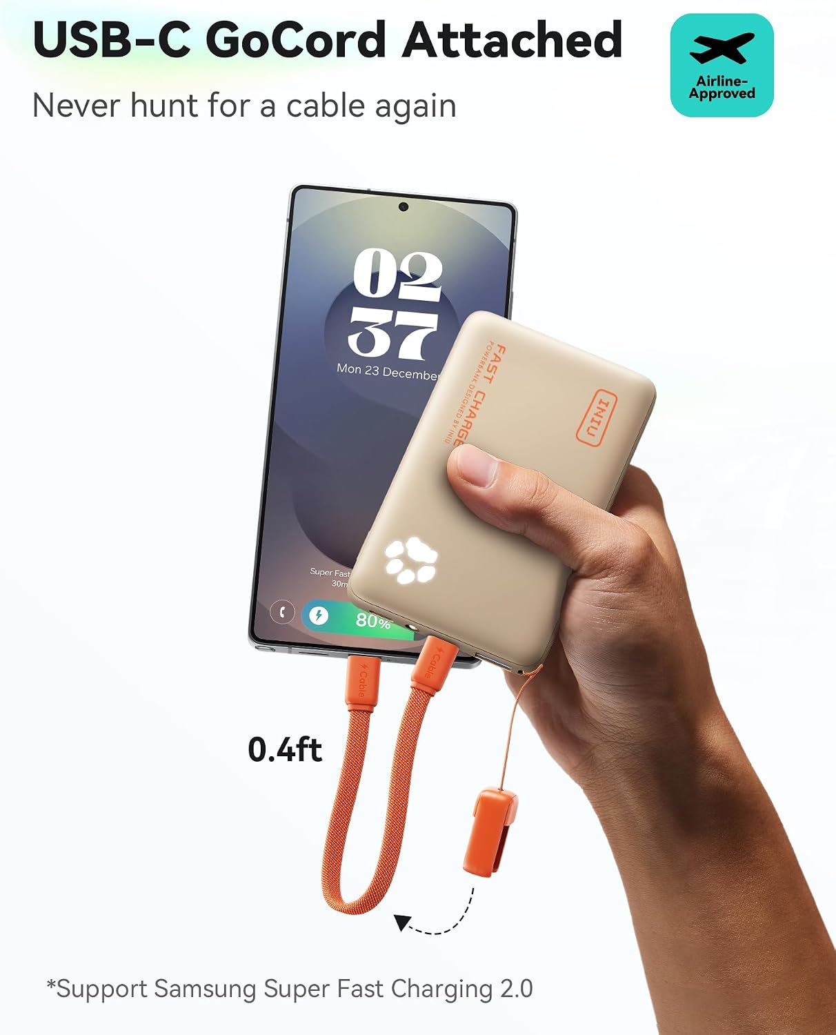 INIU 45W Fast Charging Portable Charger, Smaller 10000mAh Travel Power Bank | Flight-Safe, Detachable USB C Cable, Travel Essential, External Battery Phone Pack for iPhone 17 Samsung S26 iPad etc, Beige
