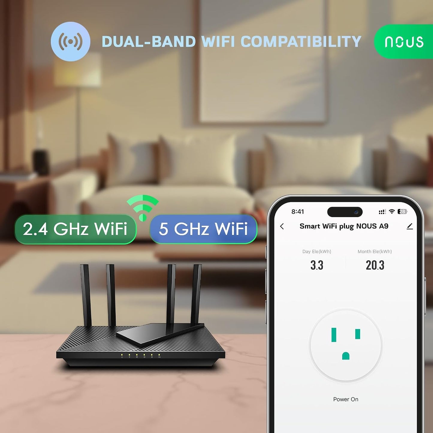 NOUS Wi-Fi Smart Plug 15A, Dual-Band 2.4GHz & 5GHz, Energy Monitoring, Compatible with Alexa, Google Home, Tuya App, Remote Control, Timer, Compact Design, Smart Outlet, 3 Pack