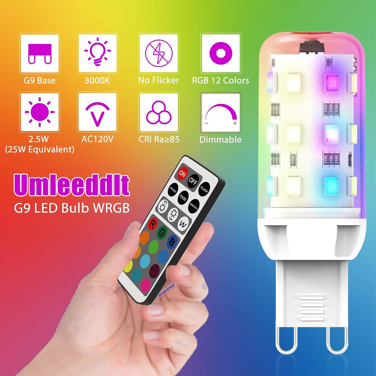 G9 LED Color Changing Light Bulb with Remote, 3000K Warm White, 200LM, 2.5W