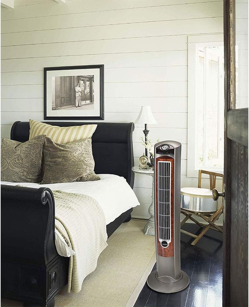 Lasko Oscillating Tower Fan with Remote - Quiet Standing Fan for Bedroom, Office, and Home - 3 Speeds - Powerful Cooling Air - T42954 - 42" Tall – Gray/Woodgrain