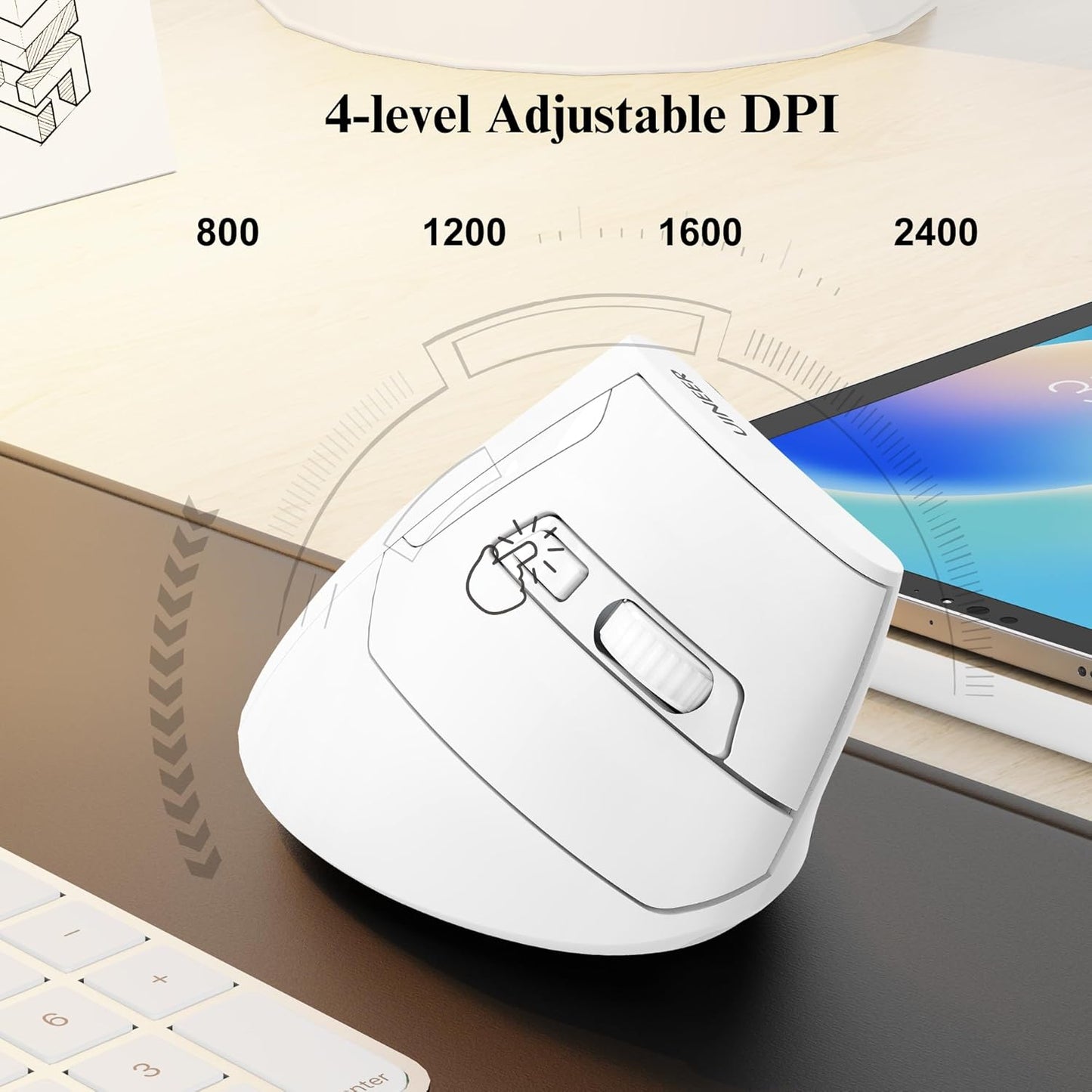 Uineer Vertical Ergonomic Mouse, Wireless Bluetooth Mouse, 3-Device,Quiet | Switch among 3 devices; side scroll wheel supports horizontal navigation for documents and spreadsheets.