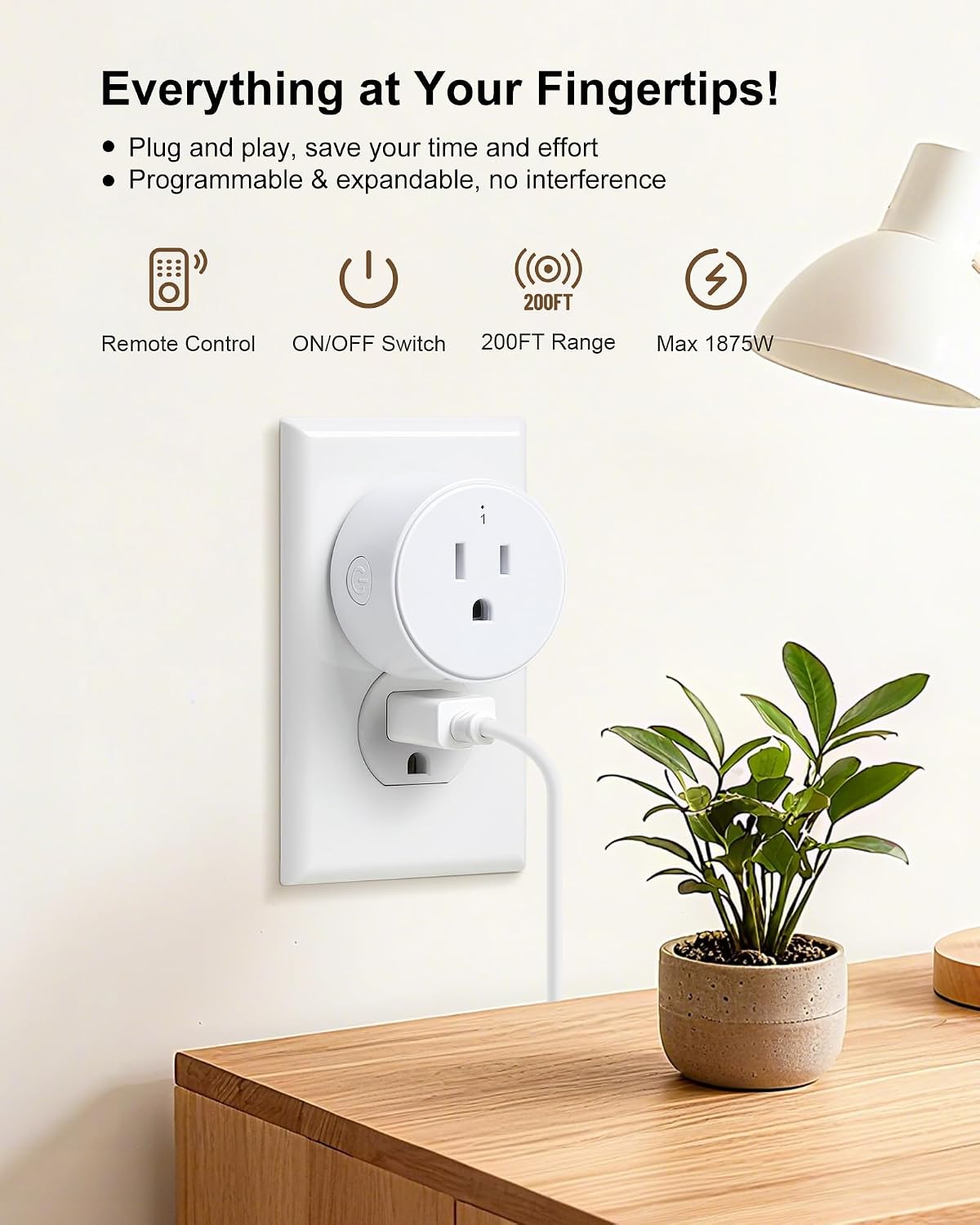 Remote Control Outlet with All On/Off Switch, 200FT Long Range | 200FT Wireless Range, Mini Round Outlet Plug, 15A/1875W, for Lamps/Lights/Household Appliances, FCC listed, Pre-Programmed