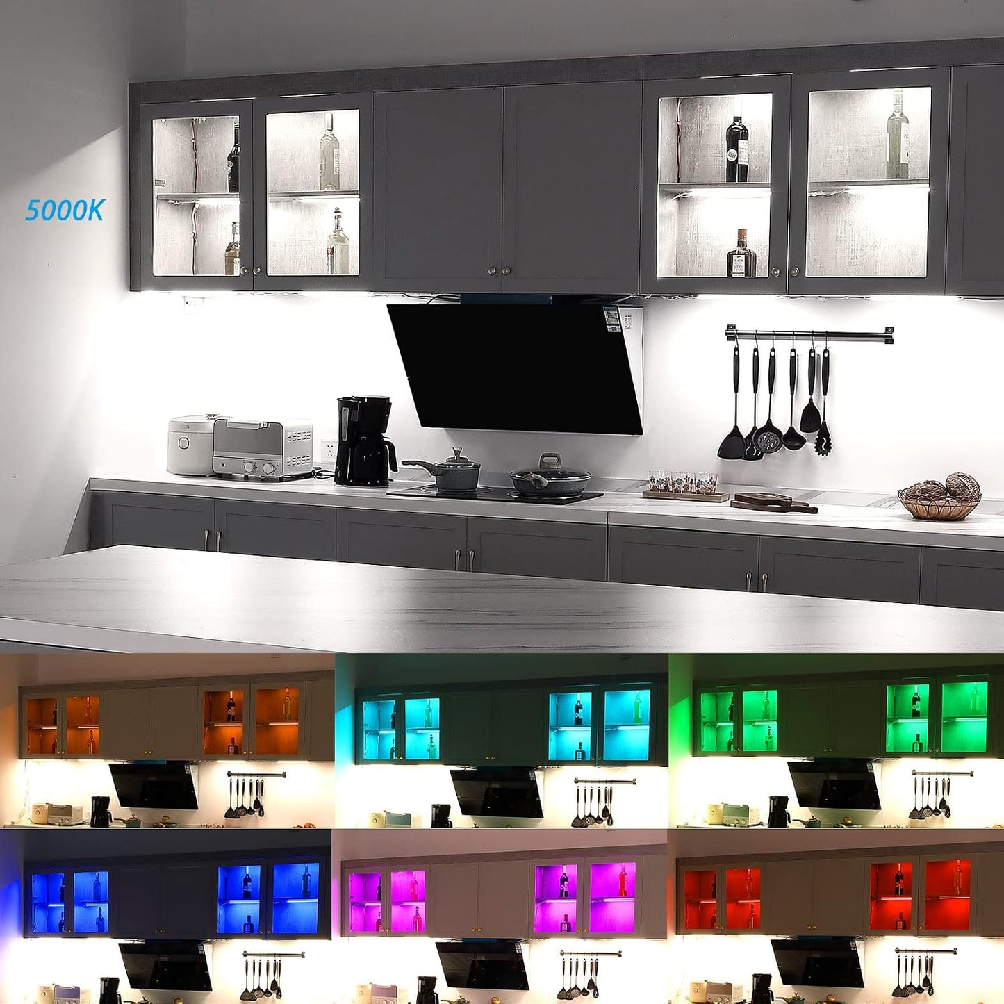 Under Cabinet LED Lighting RGB Color Changing &amp; Super Bright White Light | Dimmable with Remote. 6 pcs Linkable LED Light Strips with Power Supply, Extension Cords. Plug in. Max 24W. RGB + 5000K