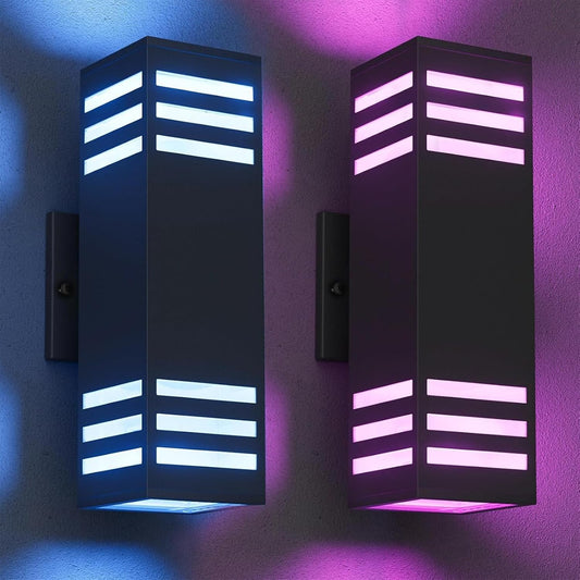 iYogaled RGB Smart Outdoor Wall Lights, 2 Pack Front Porch Light Fixtures, Square Color-Changing Wall Sconce with E26 Base, IP65 Waterproof Up and Down Lights with APP/Voice/Remote Control.