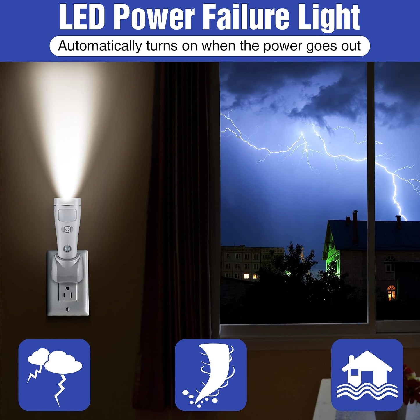 Enhon 3 Pack 4 in 1 LED Emergency Lights for Home Power Failure,White | Rechargeable plug-in flashlight, motion sensor night light, auto turn-on during blackout, hurricane supplies