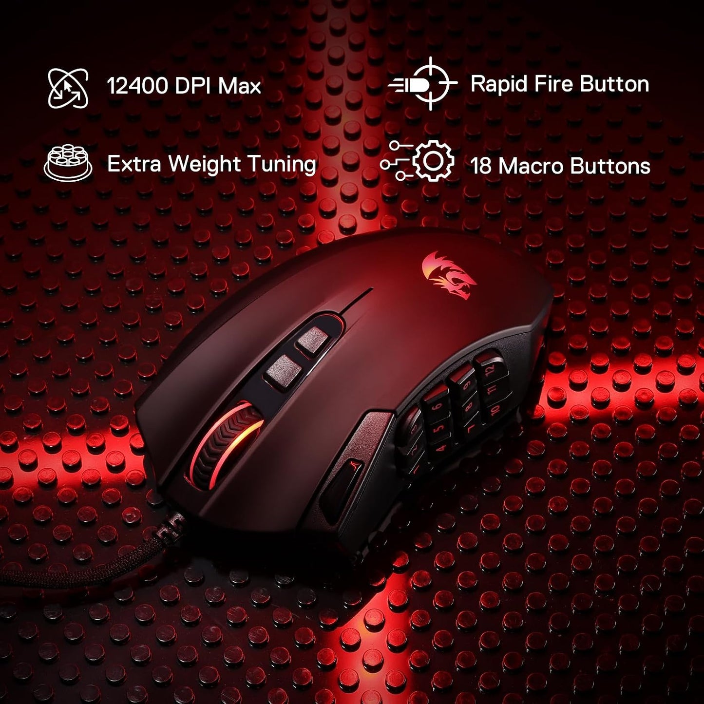 Redragon M921 Wired RGB MMO Gaming Mouse 12400 DPI Remapping Keys | Stable Lag-Free Connection, Smooth Precise Tracking, Custom Macro Keybinds, Vibing Backlight, Ergonomic Grip Body Comfort