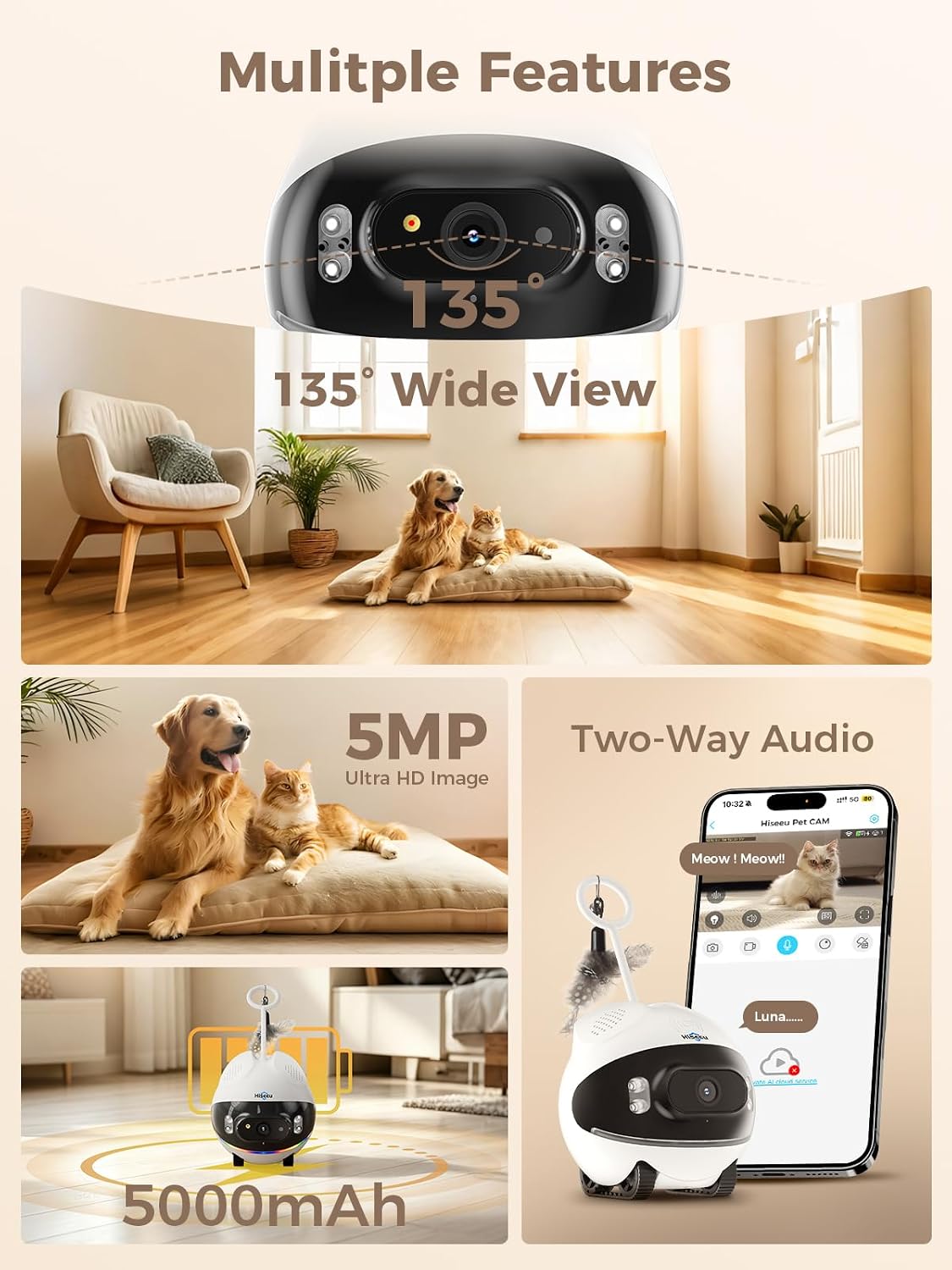 Hiseeu 5MP Wireless Security Camera Indoor, Home Pet Robot Companion