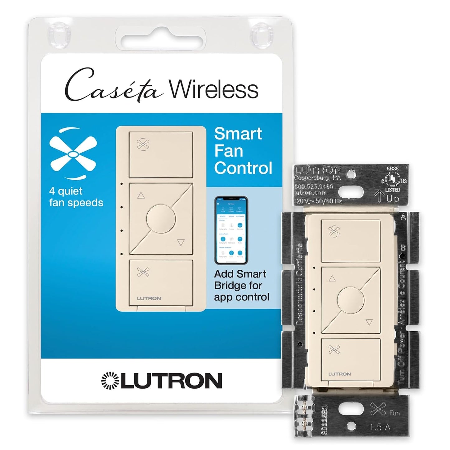 Lutron Caseta Smart Fan Speed Control Switch (Lutron Smart Hub Required), Single-Pole, PD-FSQN-LA, Light Almond