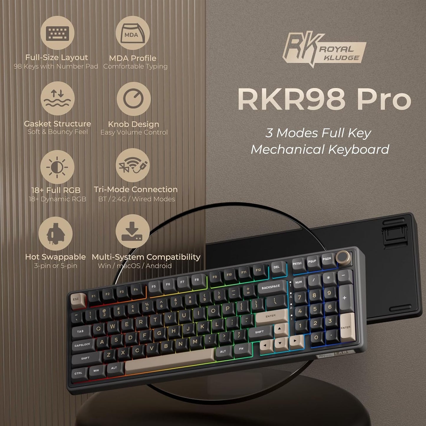 RK ROYAL KLUDGE R98 Pro Wireless Mechanical Keyboard, Creamy Bluetooth/2.4GHz/Wired RGB Gaming Keyboard with Number Pad and Knob, MDA Profile PBT Keycaps, Gasket Hot Swappable Linear Switch, Black