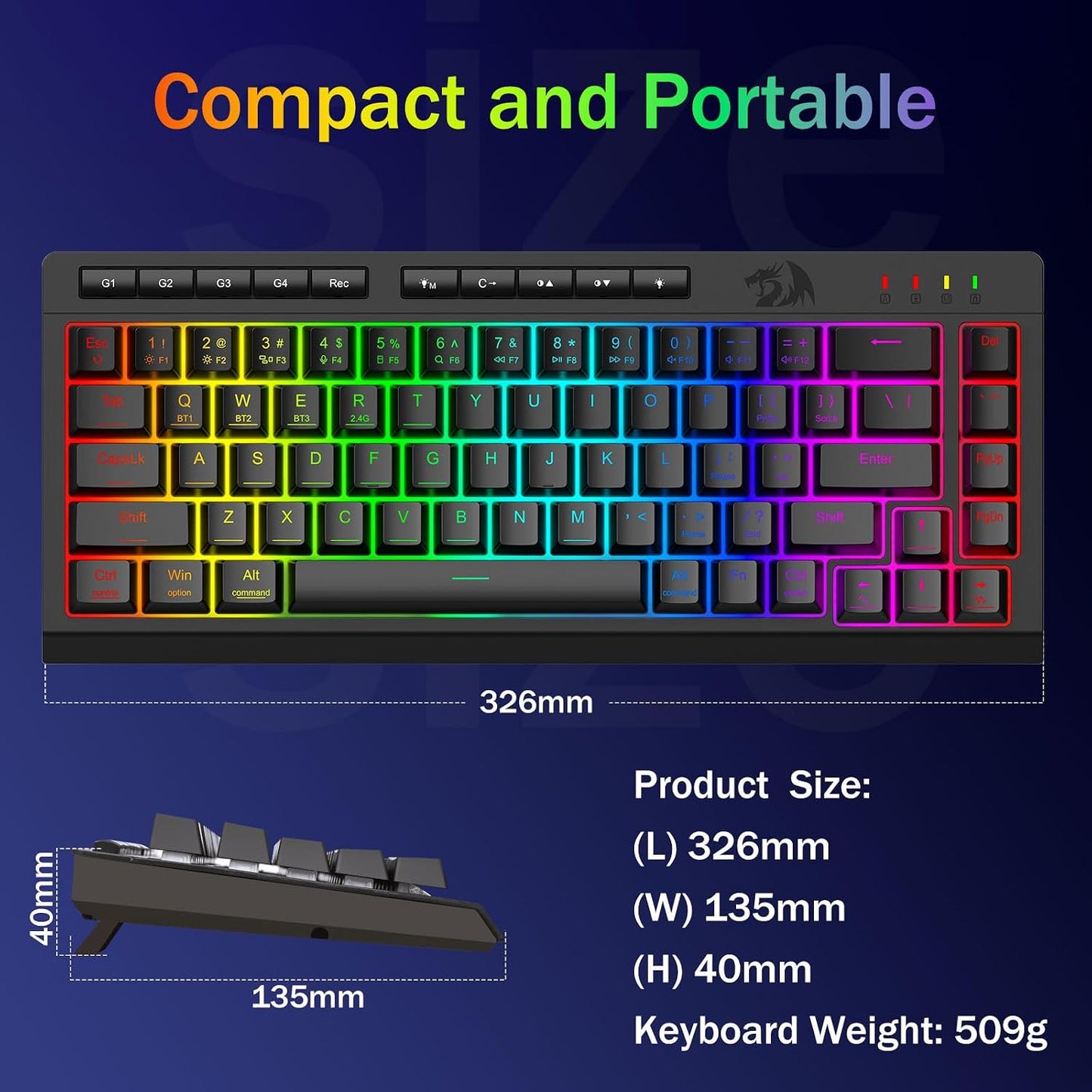 Redragon Wireless Gaming Keyboard, RGB Backlit, Portable 60% Design, Black | Bluetooth/2.4GHz/USB-C Wired, Mini Quiet Macro Membrane Keyboard, Rechargeable 4000mAh Battery, Anti-Ghosting for Win/MAC