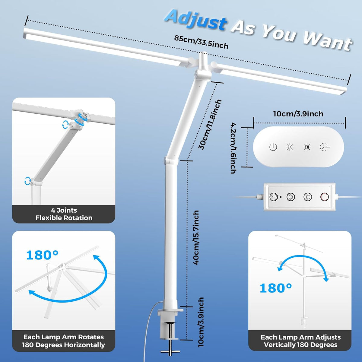 Airlonv LED Desk Lamp, Double Swing Arm Wide Lighting Area Desk Lamps for Home Office with Stepless Dimming, Eye-Caring Architect Desk Light with Clamp for Reading, Study, Workbench, Drafting(White)