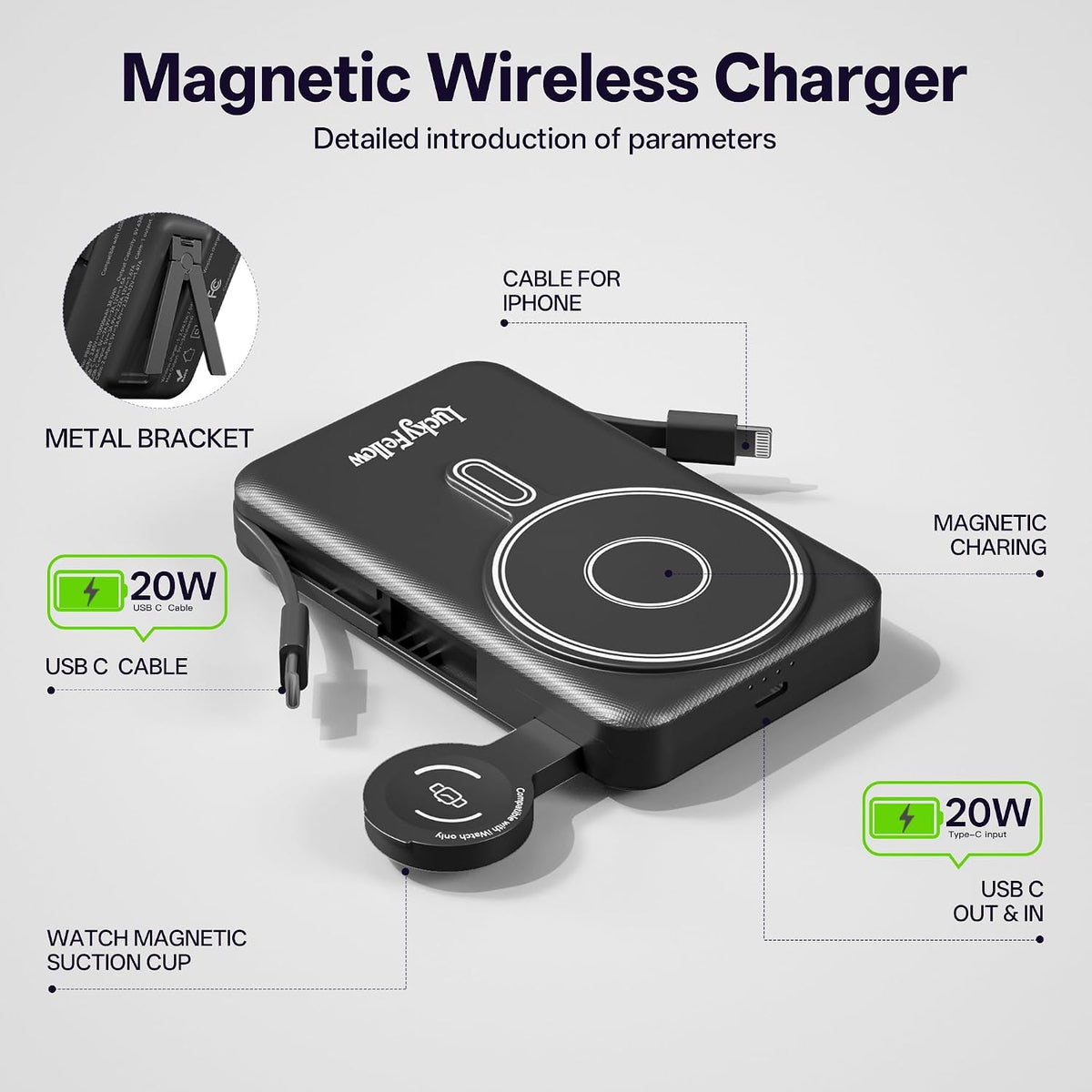 Magnetic Portable Charger Built-in Cables,10000mAh Fast Charging Wireless Charger Station External Battery Pack Slim Pocket Size Power Bank with Stand Compatible with iWatch, iPhone
