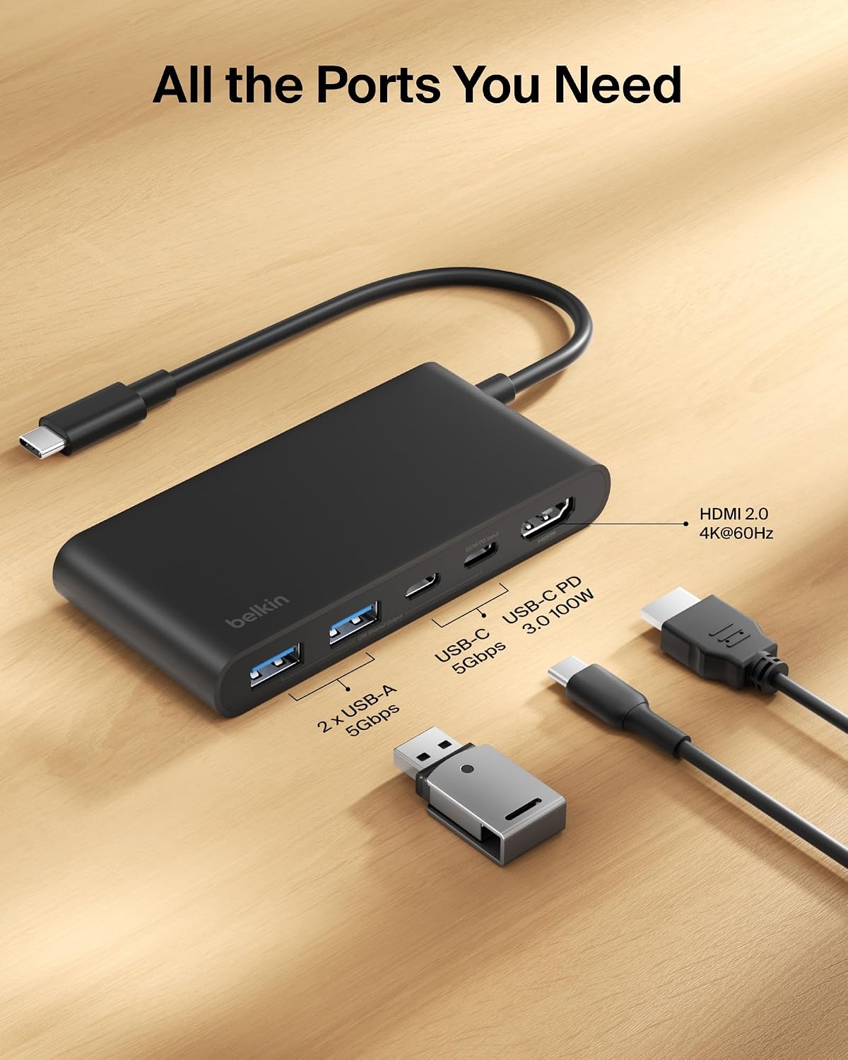 Belkin USB-C Hub 5-Port 4K HDMI 2.0 100W PD for MacBook, iPad & laptops