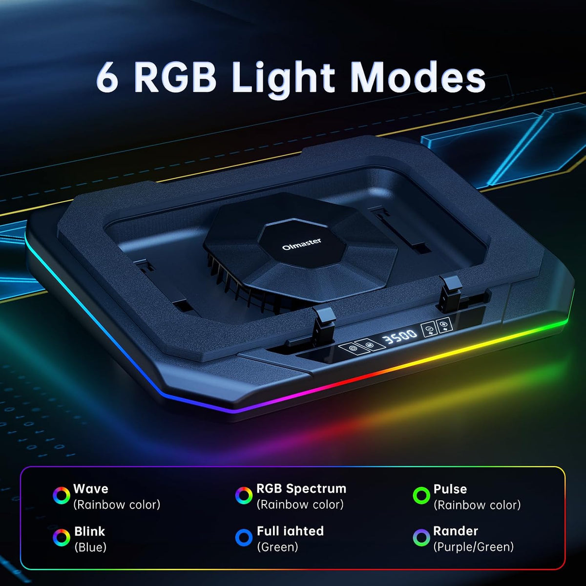 Gaming Laptop Cooling Pad with 3500RPM Powerful Turbofan, RGB Laptop Cooler Stand with 3 USB Ports, Ergonomic Adjustable Height Laptop Fan for 12-19 Inch Notebooks, Office & Gaming