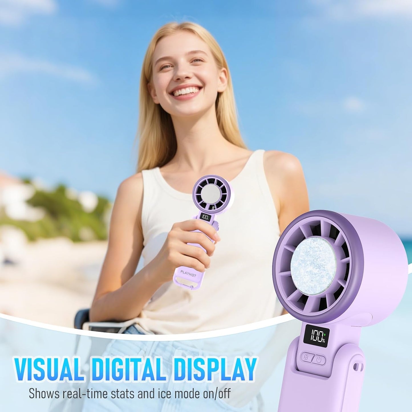 PlayHot Portable Handheld Cooling Fan, Travel Essentials, Gifts for Women | Instant Cooling, 10m/s Airflow, 5-Speed, 10H Max, USB-C Rechargeable, LED Display, 3-in-1 Foldable for Cruise, Beach Vacation