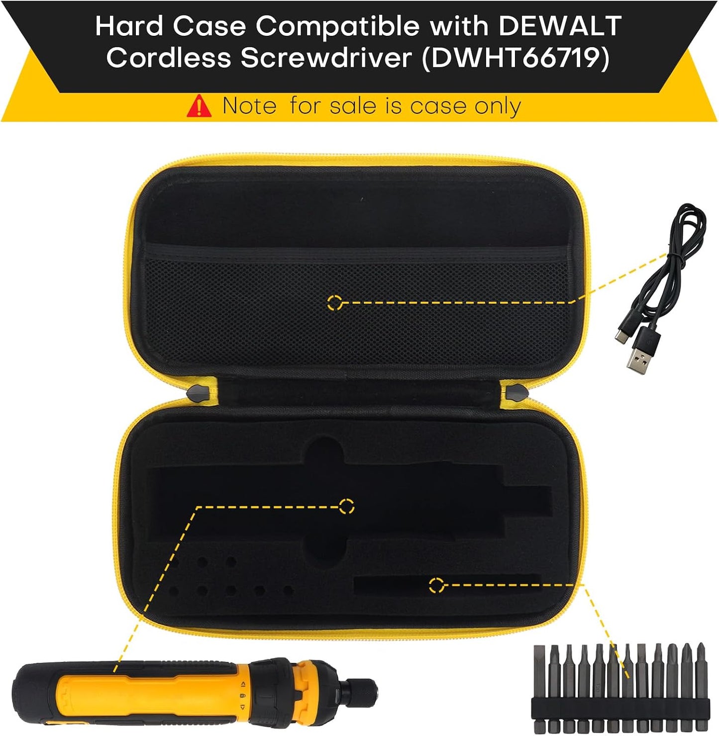 YouKnow Travel Case Compatible with DEWALT Cordless Screwdriver (DWHT66719) and Screwdriving Bits with Custom Foam (Only Case) (Black)