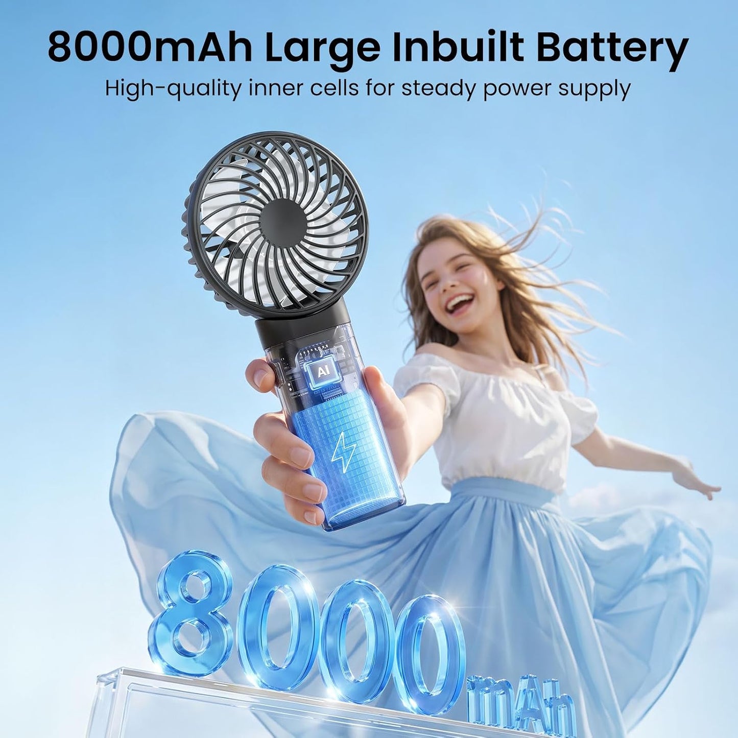 HandFan 2026 𝐔𝐩𝐠𝐫𝐚𝐝𝐞𝐝 Handheld Fan, Hands Free Necklace Fan with lanyard, 8000𝐦𝐀𝐡, 38 Hours Cooling Runtime,180° Foldable (Black)