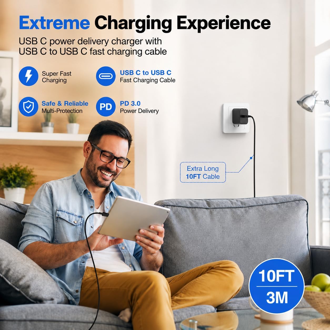 2Pack USB C Super Fast Charger for Samsung S26 S25 Ultra with 10FT Cables | PD PPS Type C Wall Charger for Galaxy S26/S25/S24, iPhone 17/16/15 and iPad; includes 2 chargers and 2 x 10FT USB C cables