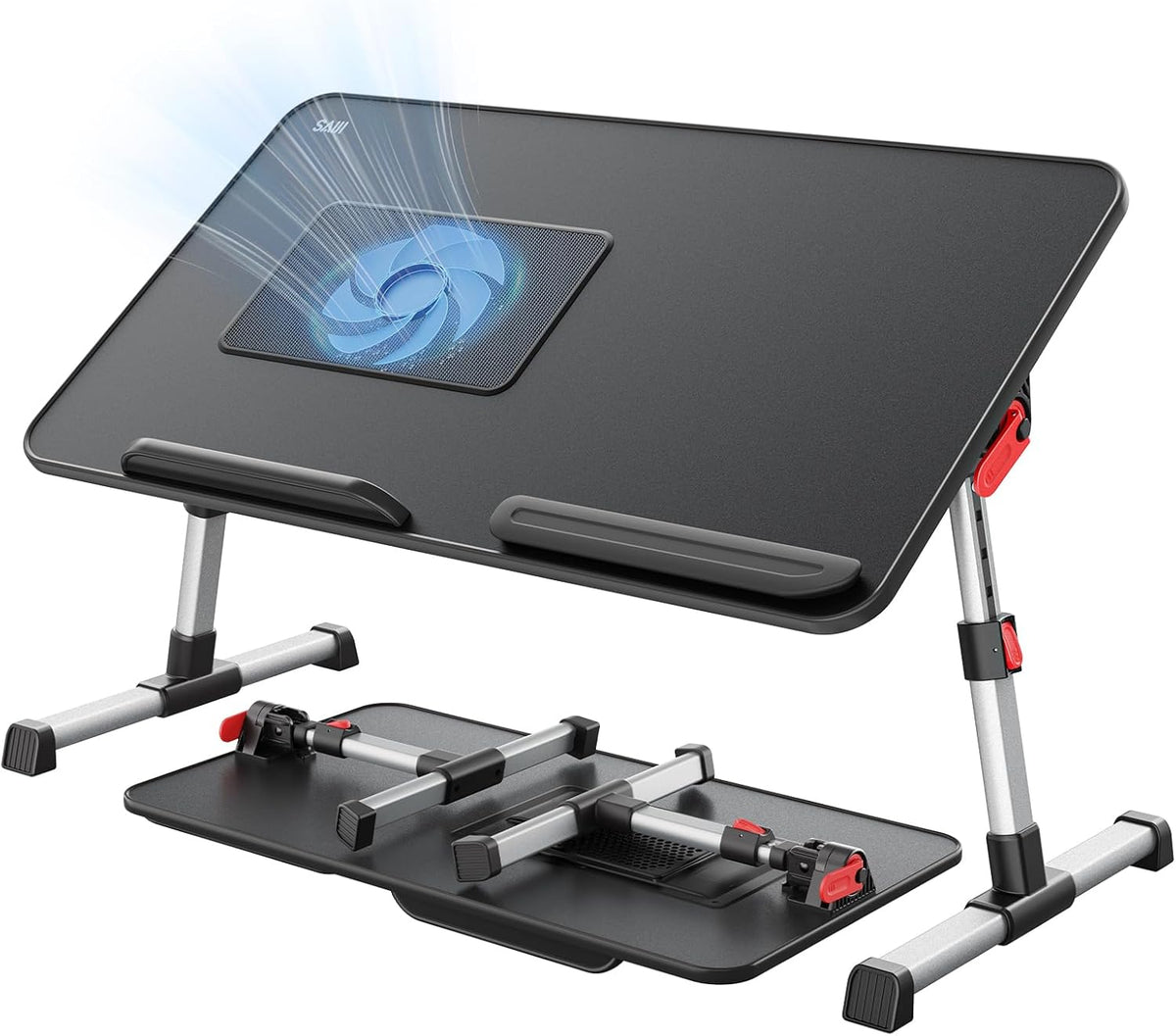 Laptop Desk for Bed with Cooling Fan, SAIJI Height & Angle Adjustable Laptop Stand for Bed, Lap Desk Tray Table, Lightweight Foldable Portable Computer Table for Couch Sofa Chair Floor Desk (Black)