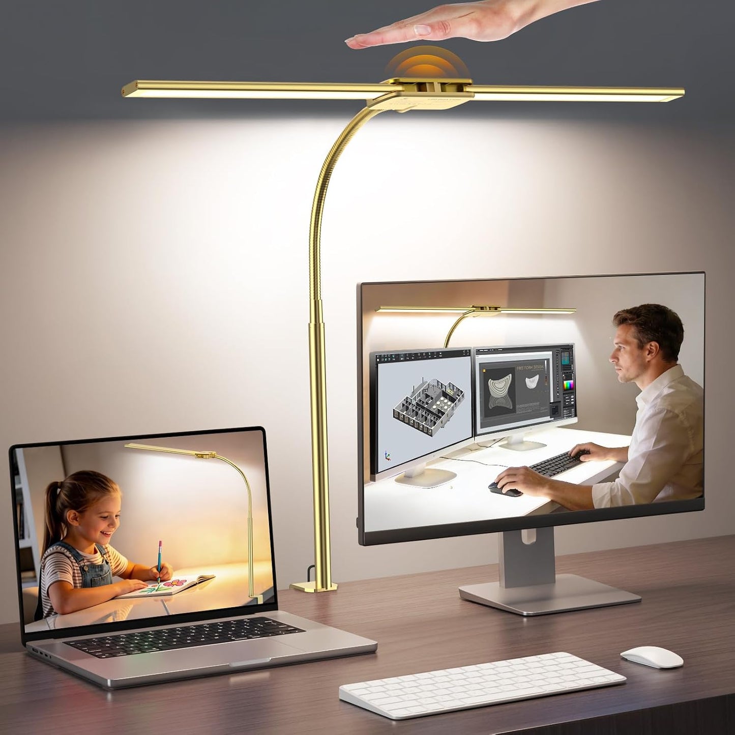 Syrinx LED Desk Lamp for Office Home, Dual Head Eye-Care Architect Lamp | Gesture/Wired Control, Flexible Neck, Bright Desk Light with Memory/Timer, 50 Lighting Modes for Study, Drafting, Gold
