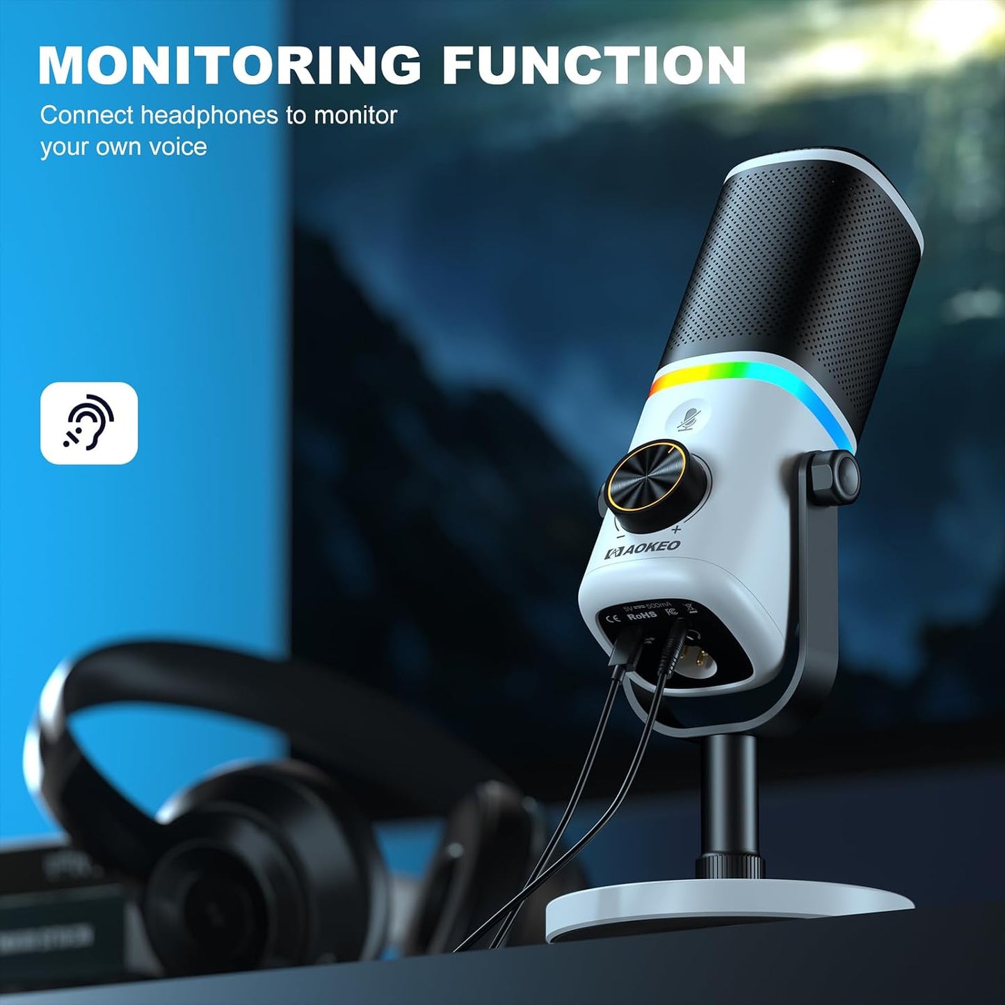 Microphone for PC, AK-10 USB/XLR Dynamic Desktop Microphone for Gaming,Podcast,Streaming with RGB Light,Volume Control,Mute Button,Noise Reduction