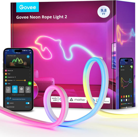 Govee RGBIC Neon Lights 9.8ft Works with Matter, Alexa, Google Assistant | LED Smart Neon Rope Light 2, Custom DIY Neon Strip Lights for Bedroom and Wall Decor, Softer Material, White