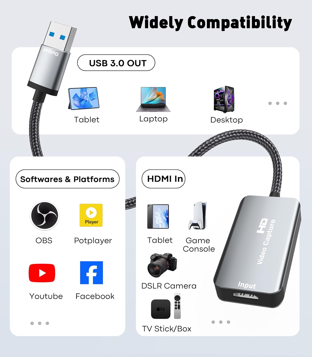 4K HDMI to USB 3.0 Video Capture Card, 1080P 60FPS for Recording, Streaming & Gaming, Plug & Play, Low Latency, Compatible with PS5, Switch 2, Xbox, Quest 3, Camera