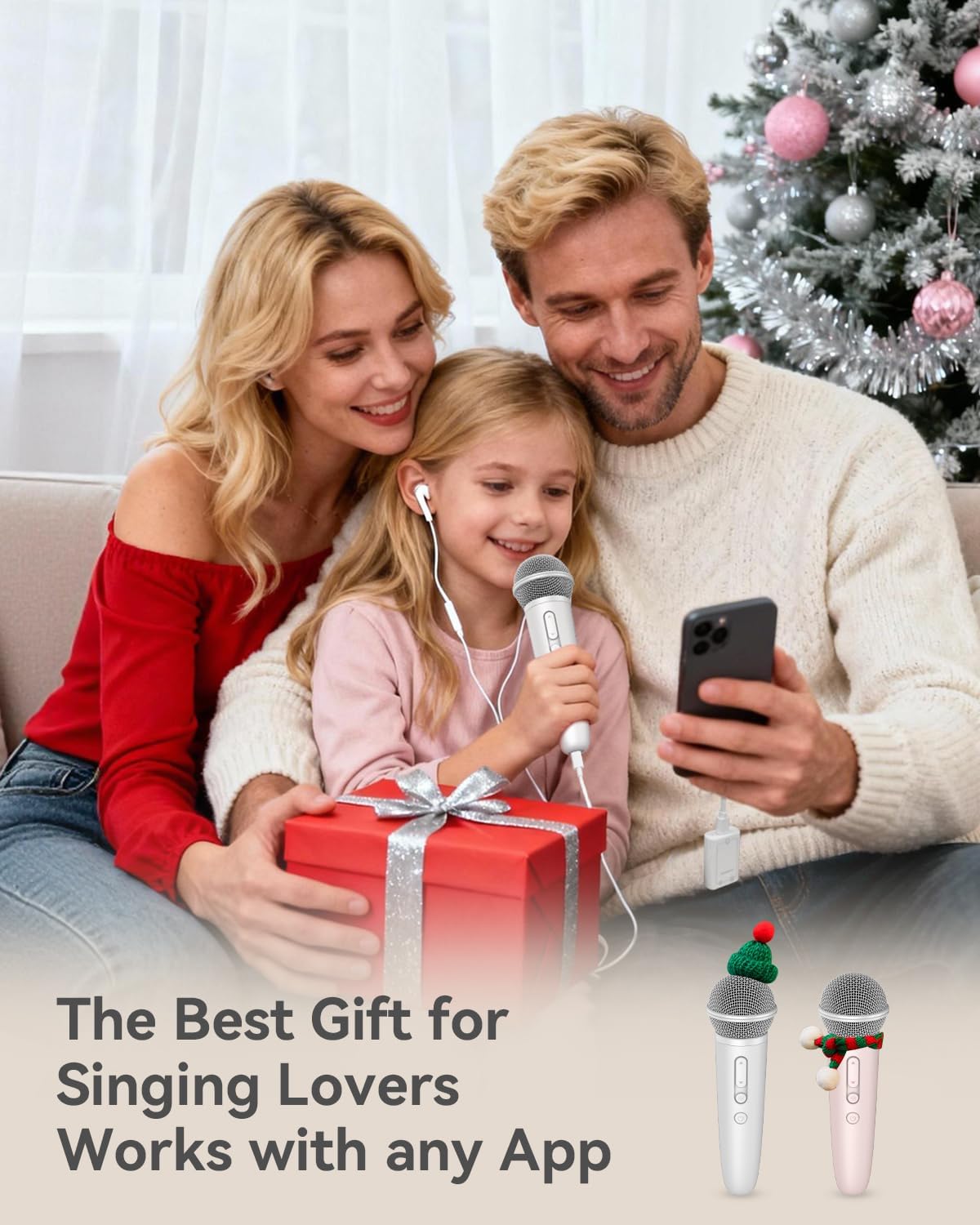 Singing Microphone with Earphone, Ideal for Vocal Recording, Podcasting, Live Streaming, Gaming, Compatible with Smule & Starmaker & Stingray, USB-C Dongle & Lightning Adapter, White