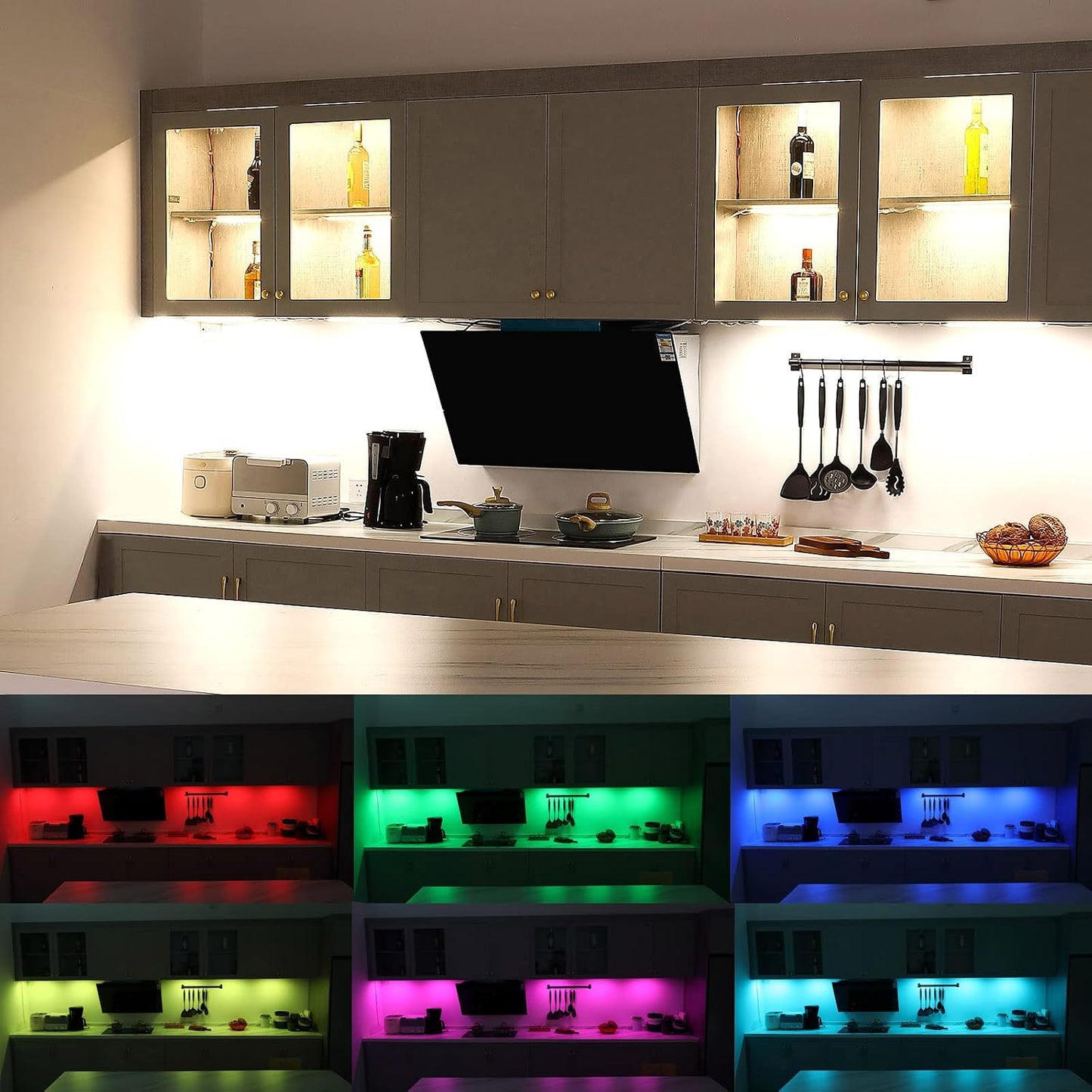 Under Cabinet LED Lighting Kit. RGB Color & Bright Warm White Light. | Slim Linkable LED Light Bars with Power Adapter, Controller, Extension Cords. Max 24W. Dimmable. Plug in. RGB + 3000K.