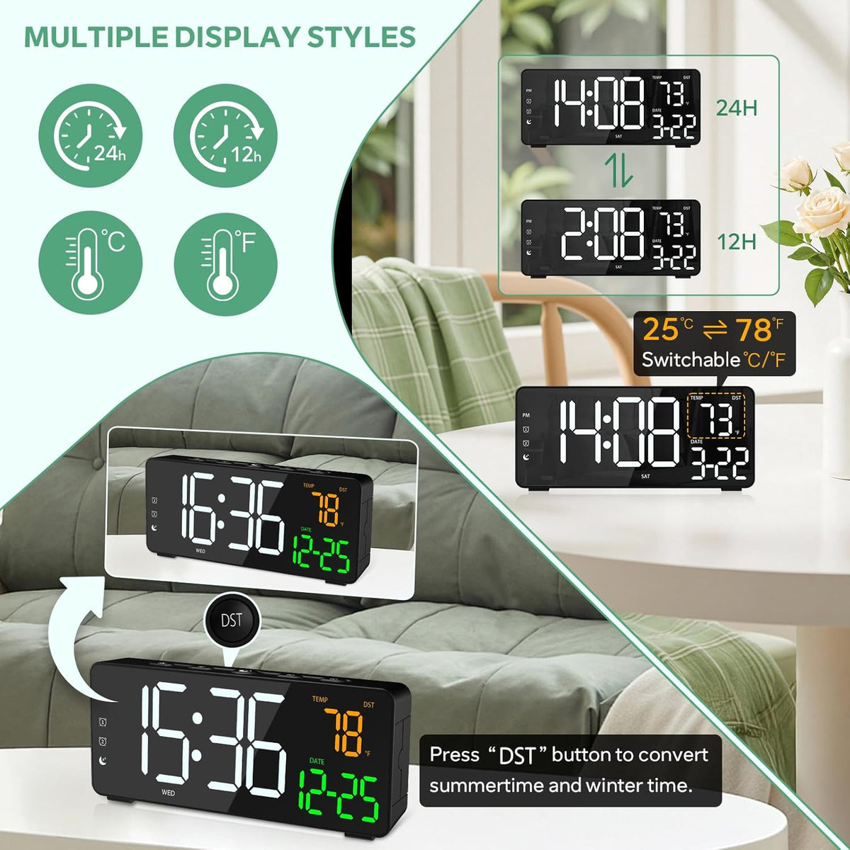 Digital Alarm Clocks for Bedrooms, RGB Desk Clock with 15 Color Display, Date Temperature and Weekday, DST, Snooze, 2 Alarms, Ambient Lighting for Living Room, Bedside Office Gaming Desk Decor