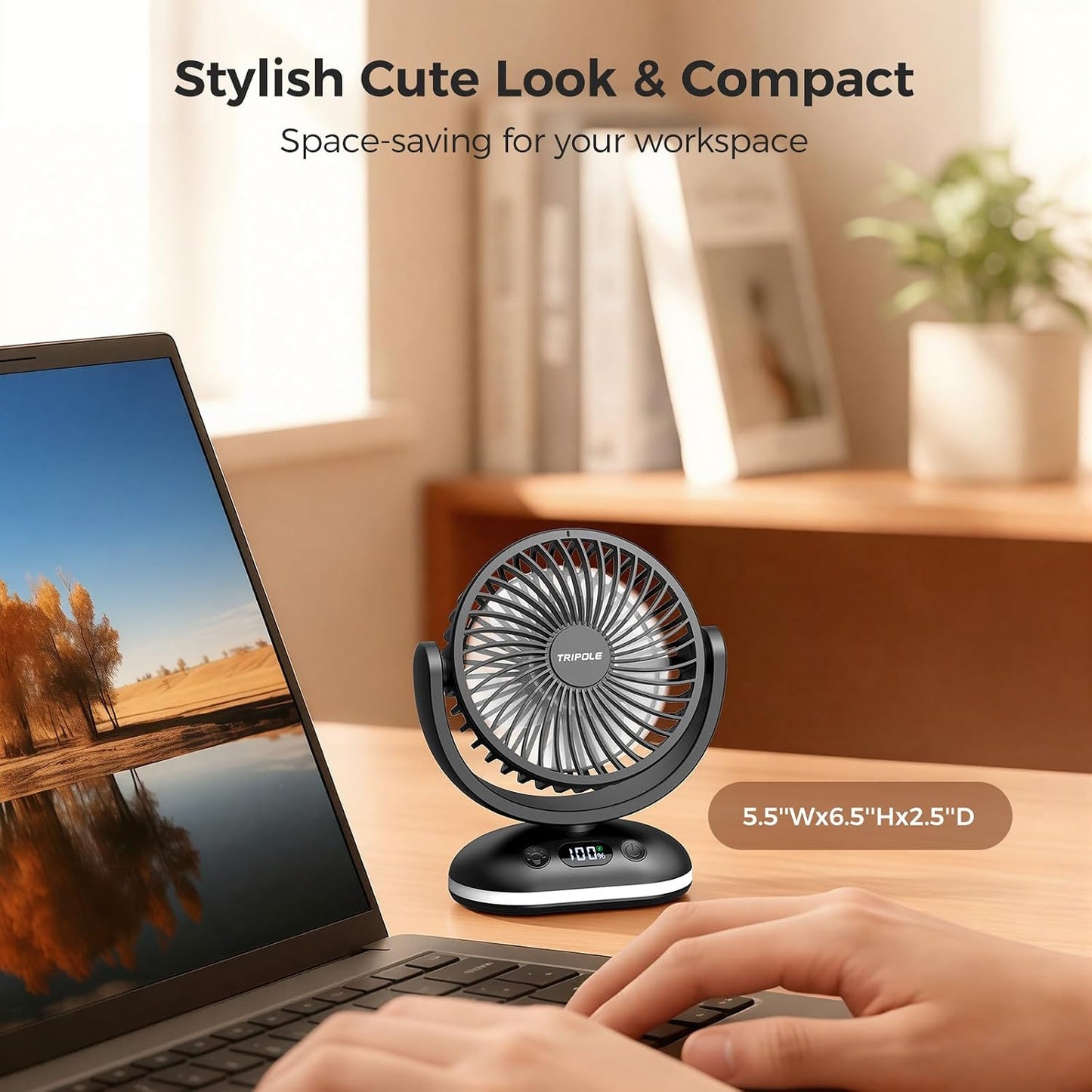 TriPole Portable Desk Fan Small Quiet, Rechargeable Mini Fan with LED Light | 31H Runtime, Digital Display, Safety Lock, 4 Speeds, Battery Operated Fan for Bedroom Sleeping Office Travel Camping Cruise