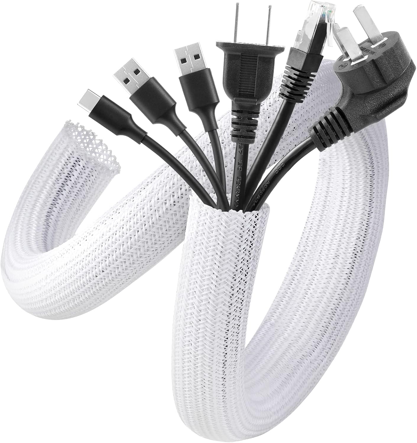 AGPTEK White Cable Sleeve, 2 Pack 5ft - 1.2 Inch Cable Management Cord Hide | Desk Cord Cover Organizer Wire Hider for Office Computer TV Wire Loom Tubing Pet-Proof Cord Protector from Cat Dog Chewing