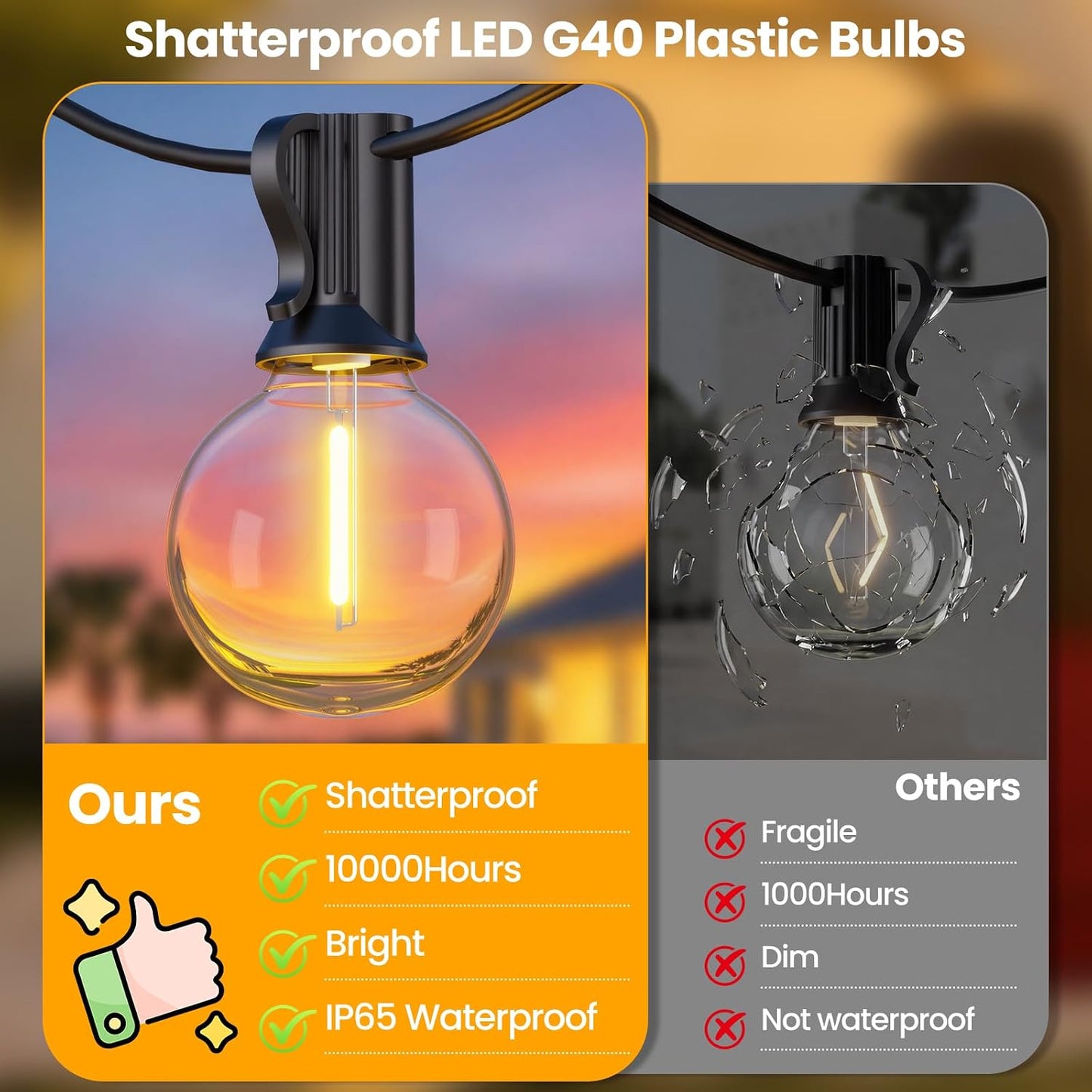 25FT Solar Powered String Lights with 10+1 LED G40 Bulbs, Black | IP65 Waterproof, Solar and USB Dual Charging, Auto On/Off, Shatterproof, Energy-saving, Patio Lights Balcony Backyard Decor