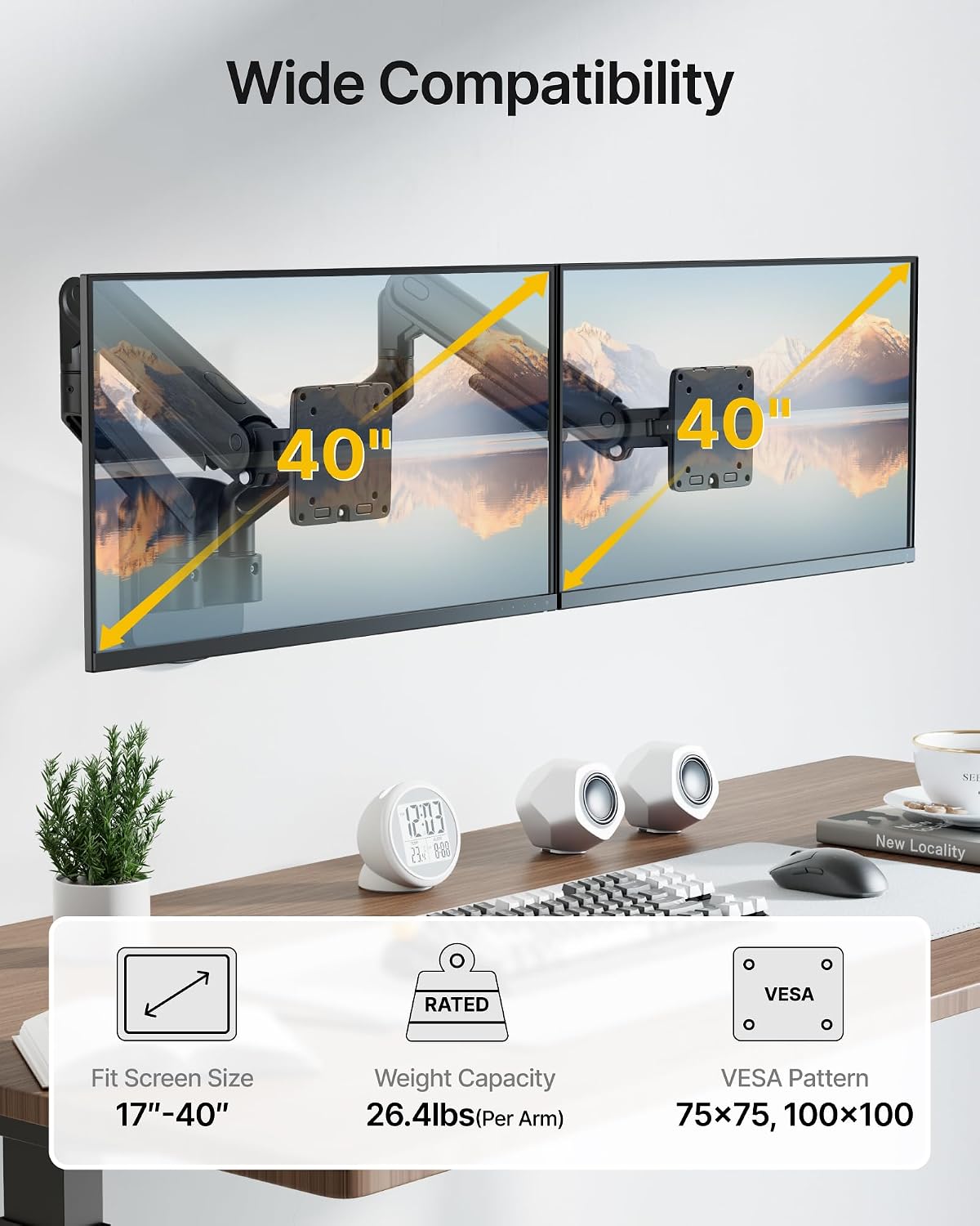 monTEK Dual Monitor Wall Mount, Full Motion Spring Arm for 17-40" Screen