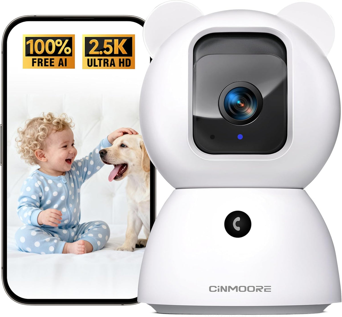 2.5K Indoor Security Camera, Free AI Person/Pet/Cry Detection, 4MP Baby Monitor/Dog/Cat/Pet Camera with Phone App, Pan Tilt 2.4GHz WiFi, Night Vision, Full Duplex Audio for Home Security