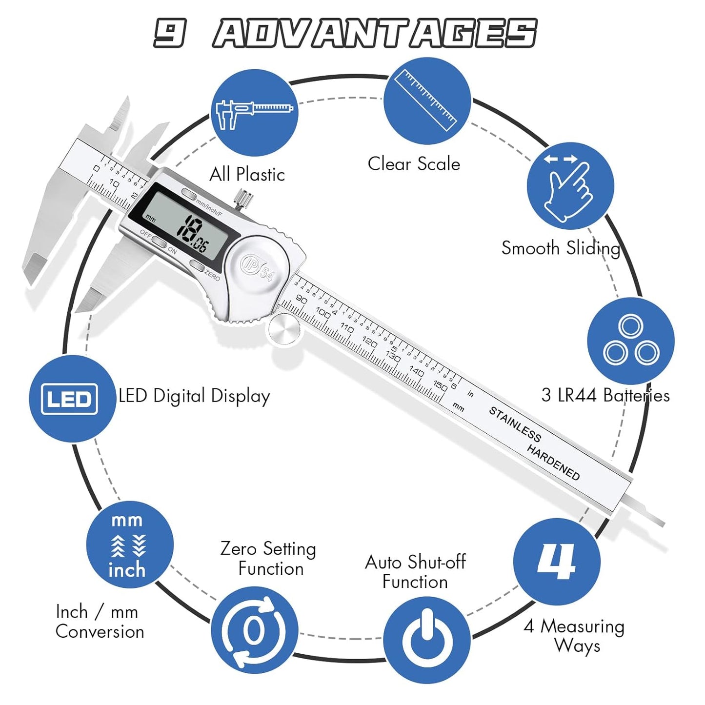 Electronic Digital Calipers, inch and Millimeter Conversion,LCD Screen displays 0-6" Caliper Measuring Tool, Automatic Shutdown, Suitable for DIY/Jewelry Measurement (150mm inch/mm/Fraction)