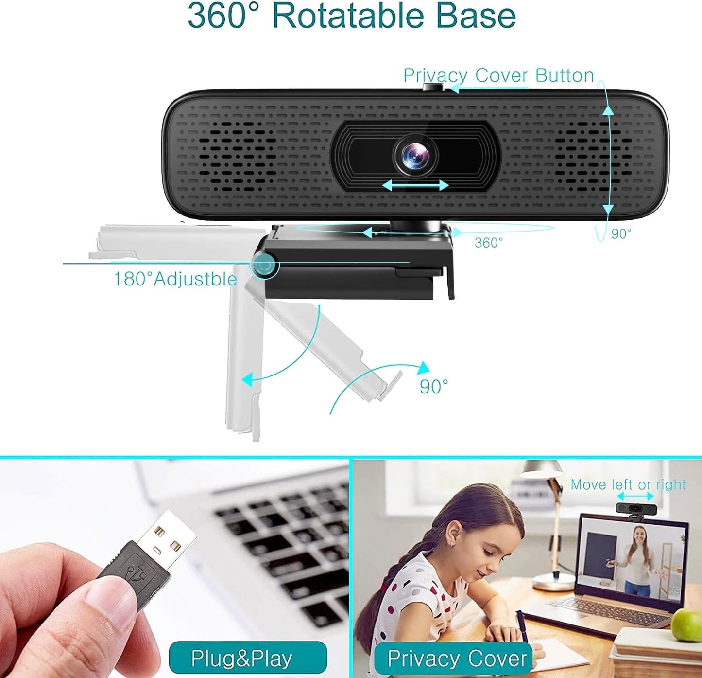 3-in-1 2K Webcam with Dual Speakers & 4 Noise-Canceling Mics, USB Plug & Play Computer Camera with Privacy Cover for Zoom Meeting Online Teaching Video Calling