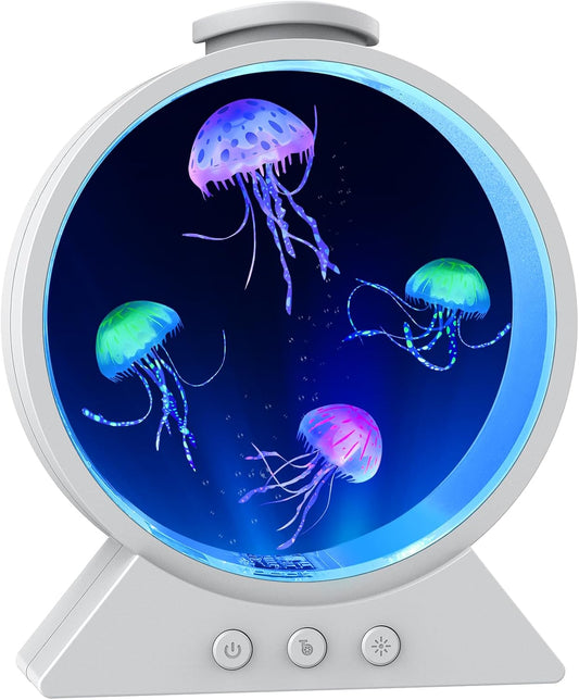 Jellyfish Lamp for Sleep Anxiety Calming Night Light for Bedroom(White) | Whisper-Quiet Sensory | 7 Soft Color Modes | Adjustable Water Flow | 8H Auto-Off Timer | Rounded Tank Lamp Gift for All Ages