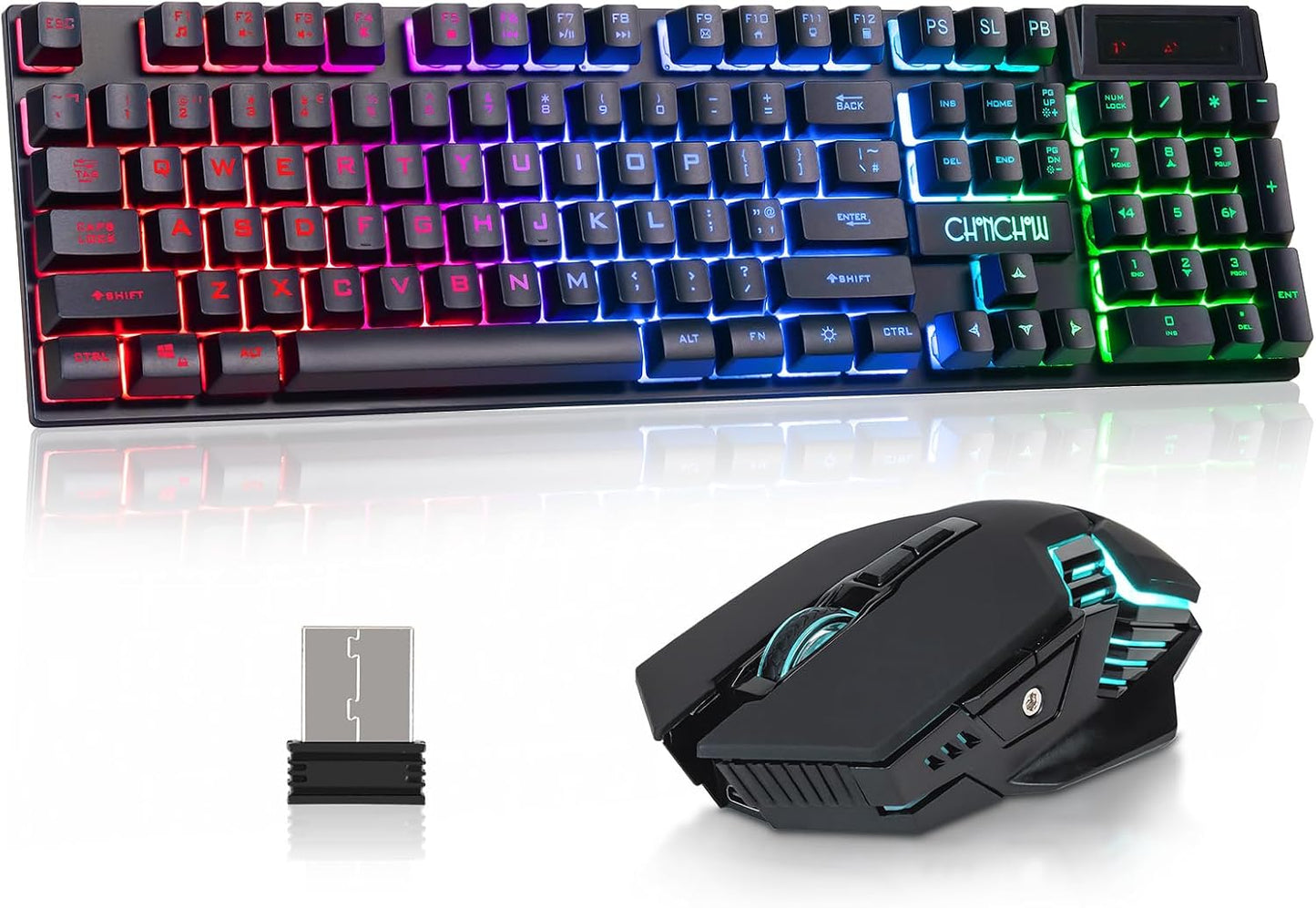 CHONCHOW USB Wireless Gaming Keyboard and Mouse Combo, RGB Backlit, 2.4GHz | LED Ergonomic Mechanical Feeling Keyboard, Rechargeable 2500mAh Battery, Anti-ghosting Keyboards 7D 3600DPI Mice for PC Gamer