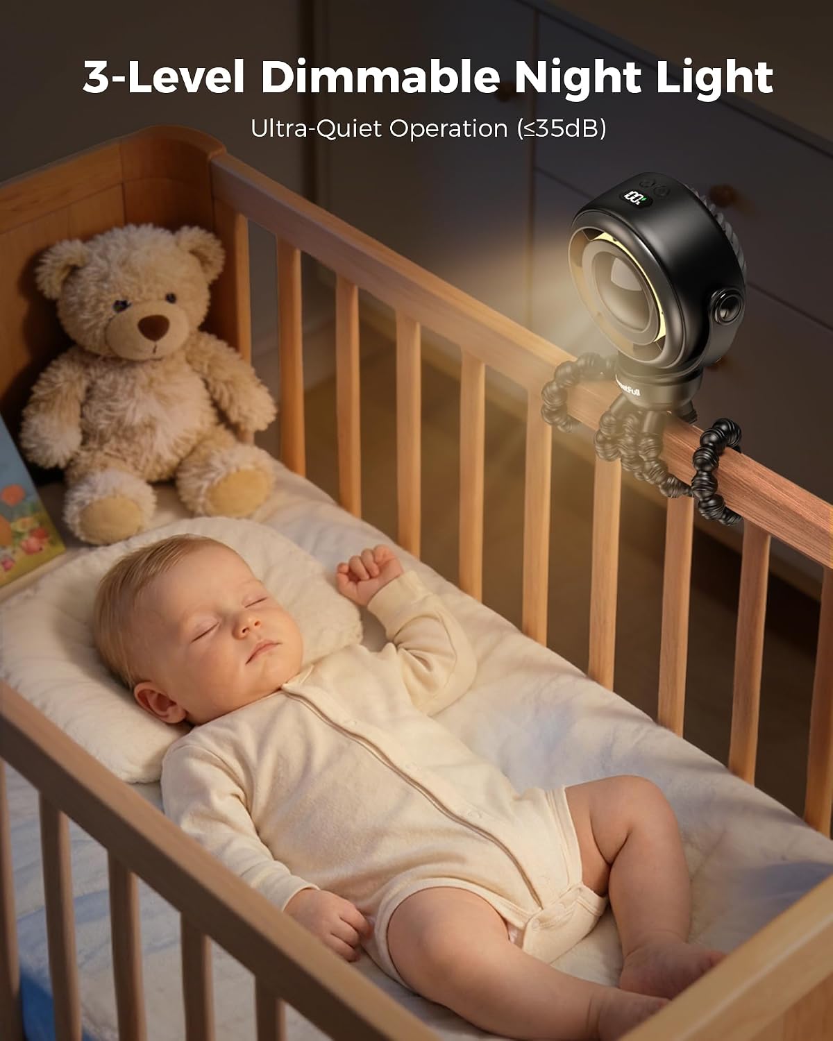 SWEETFULL Baby Stroller Fan, Safe Portable Fan, 15H Use, Nightlight - Black | Pinch-Proof Design; 4000mAh Rechargeable; Stable Mini Clip On Fan; 360° Adjustable; 4-Speed Quiet; LED Display; Car Seat Crib