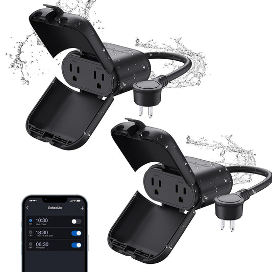 ELEGRP PQR20 Outdoor Smart Plug Waterproof IP66, WiFi Plug with 2 Individually Sockets, Compatible with Alexa & Google Assistant, Smart Outdoor Outlet for String Lights, UL Certified, 2 Pack, Black