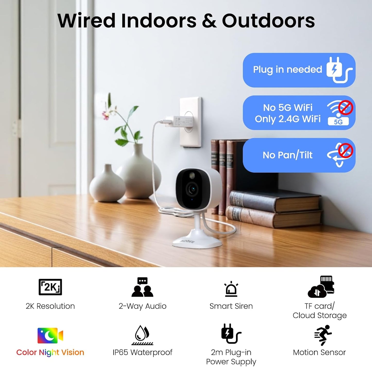 AOQEE 2K Cameras for Home Security, Indoor/Outdoor, Full Color, C1 2Pack | 2.4G Wired Outdoor/Indoor Camera for Dog/Cat/Pet/Baby, Color Night Vision, Home Security with White Light, 24/7 TF Recording