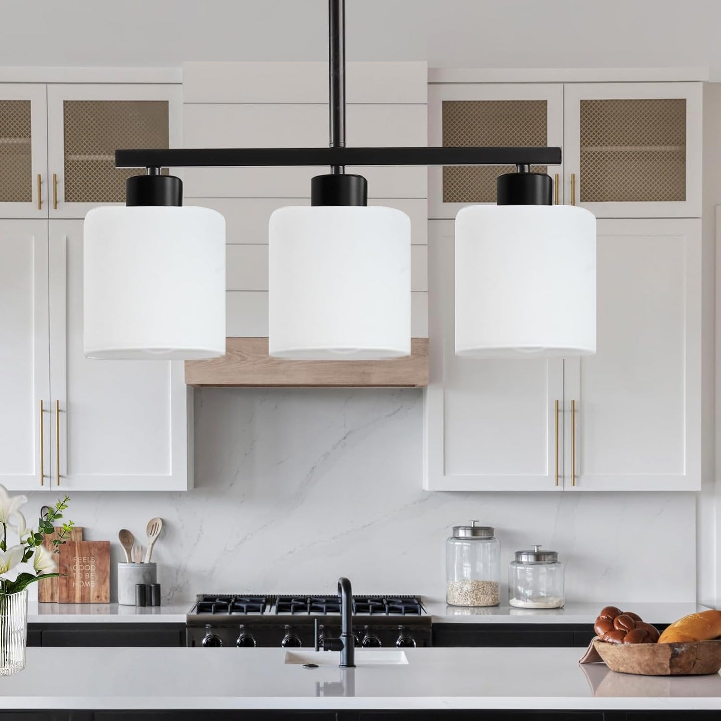 3-Light Kitchen Island Lighting, Black Pendant Light Fixture, Modern Hanging Light Fixtures with Milky White Glass, E26 Base, Bulbs Not Included