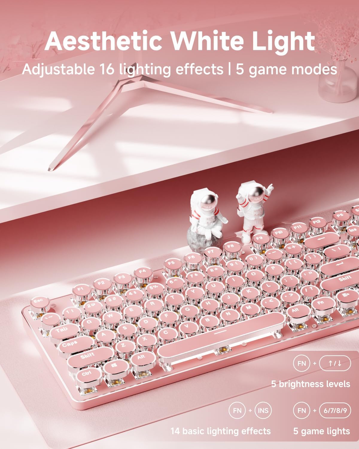 TK950 Typewriter Wireless Mechanical Keyboard, Aesthetic Tri-Mode Bluetooth/2.4G/Wired Retro Punk Typewriter Keyboard with White Backlit, Blue Switch, Round Keycaps for Laptop/Mac/iPad/Win, Pink