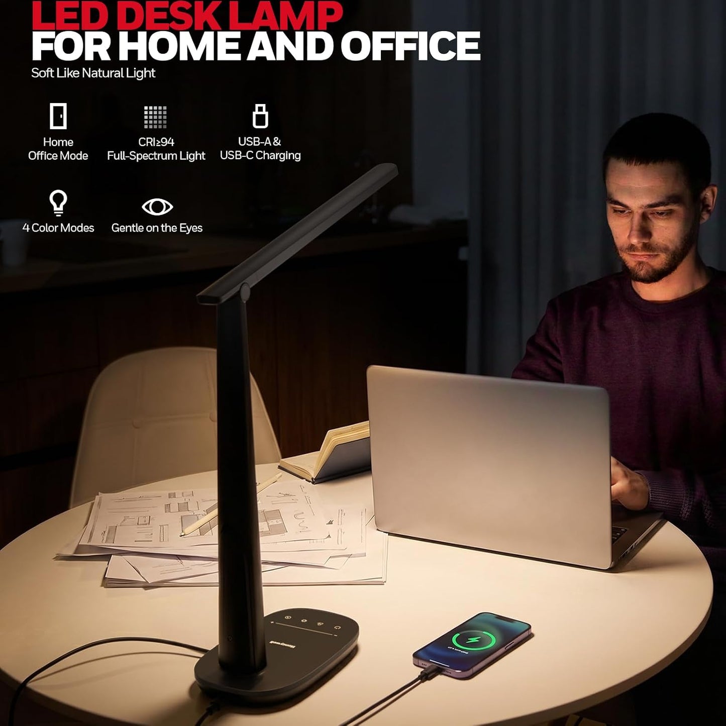 Honeywell LED Desk Lamp for Home Office Eye-Caring Dimmable Reading Light | CRI94,4 Color Modes,Touch Control,USB-A And USB-C Ports,Adjustable Head,Timer,Desk Light for Bedroom Bedside College Dorm