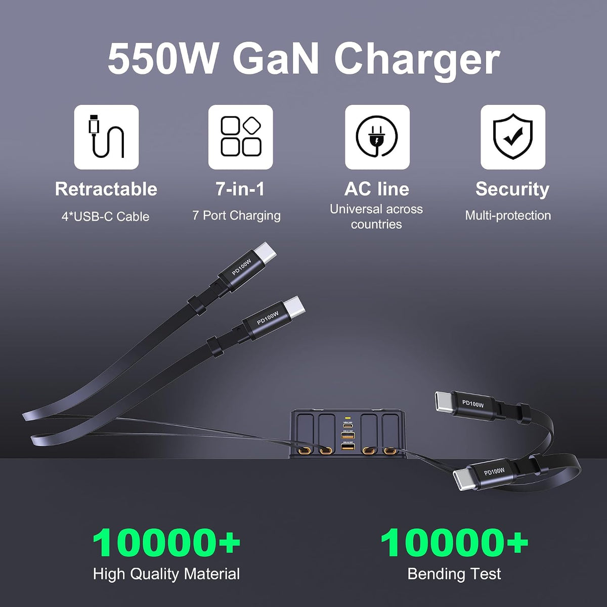 550W Retractable Charger for USB C GaN Multiple Devices