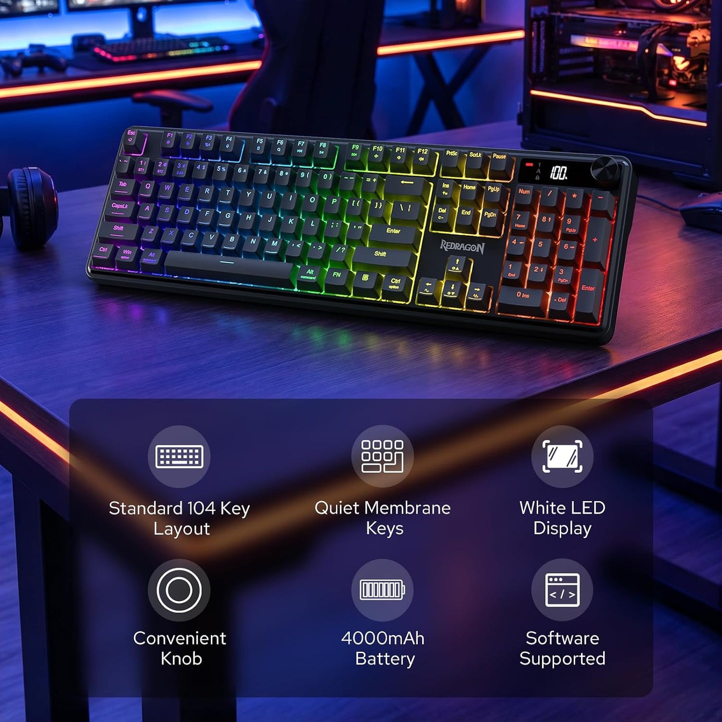 Redragon K526 PRO Wireless RGB Membrane Gaming Keyboard, LED Screen & Knob | See Battery, Mode & Time at a Glance, 0-Delay Tri-Mode, One-Touch Backlit & Media Adjust, 26-Key Anti-Ghost for Combo-Strike